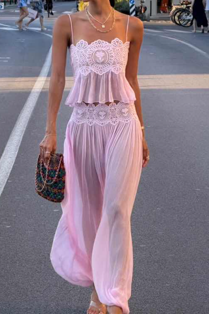 Boho Embroidered Pastel Pink Vacation Two-Piece Set