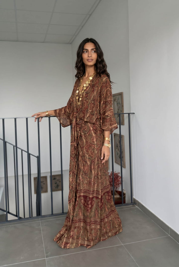 V-Neck Printed Slit Streamer Design Maxi Dress
