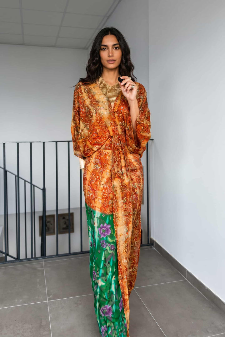 V-Neck Printed Patchwork Slit Streamer Design Maxi Dress