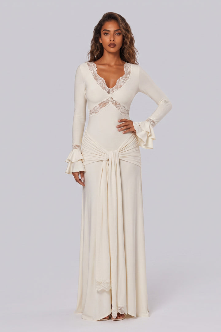 Tight Waist Lace Trim Horn Sleeve Long Dress