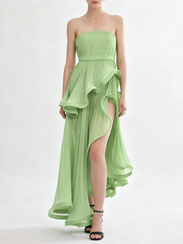 Elegant Strapless Ruffle Tiered High Slit Ruched Maxi Dress