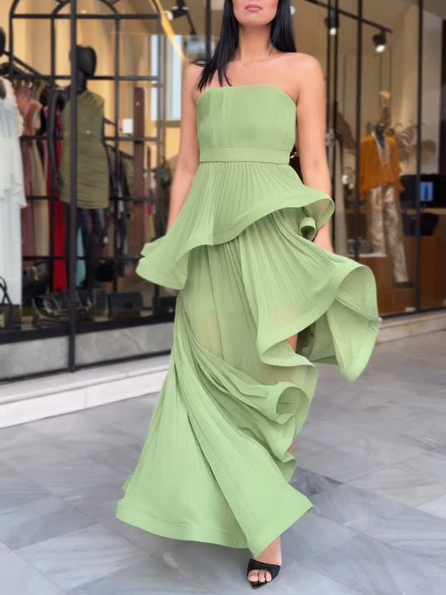 Elegant Strapless Ruffle Tiered High Slit Ruched Maxi Dress