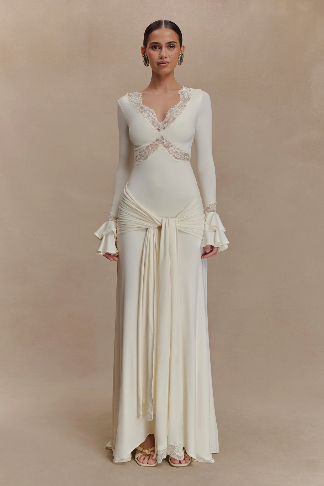 Tight Waist Lace Trim Horn Sleeve Long Dress