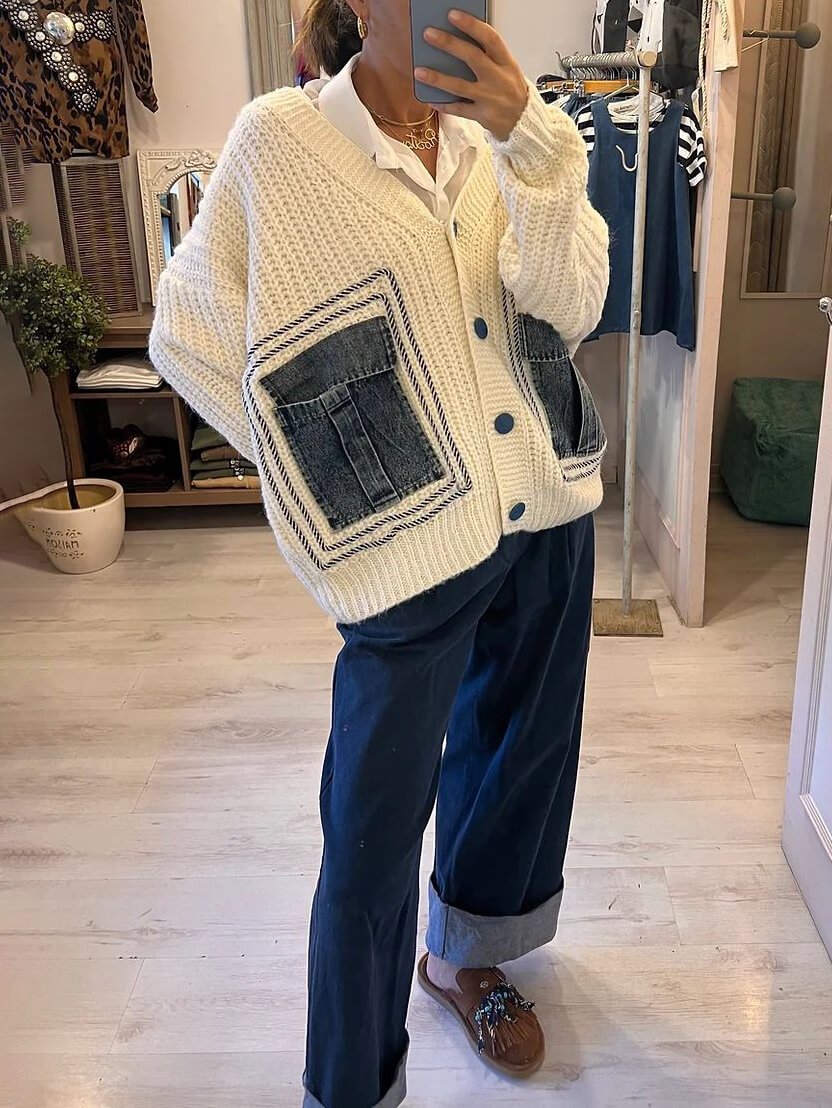 Unik denim patchwork cardigan sweaterjakke