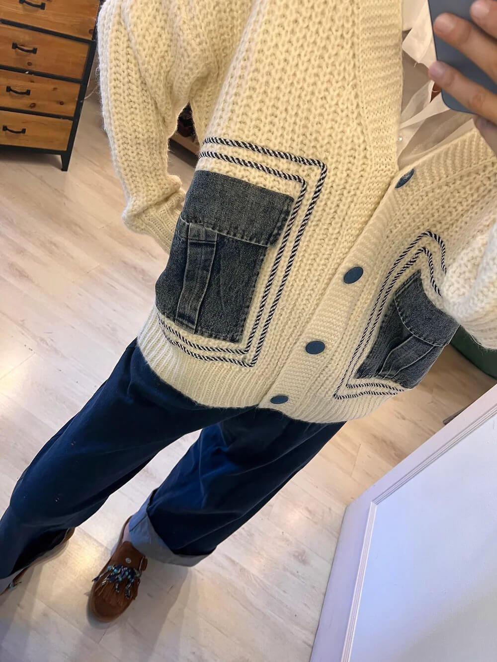 Unik denim patchwork cardigan sweaterjakke
