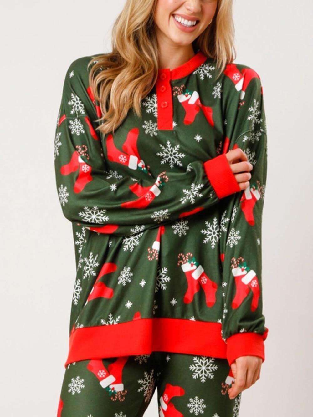 Christmas Cane Snowflake Print Button pitkähihainen kotivaatesarja