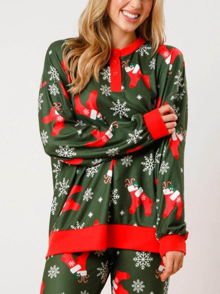 Christmas Cane Snowflake Print Button pitkähihainen kotivaatesarja