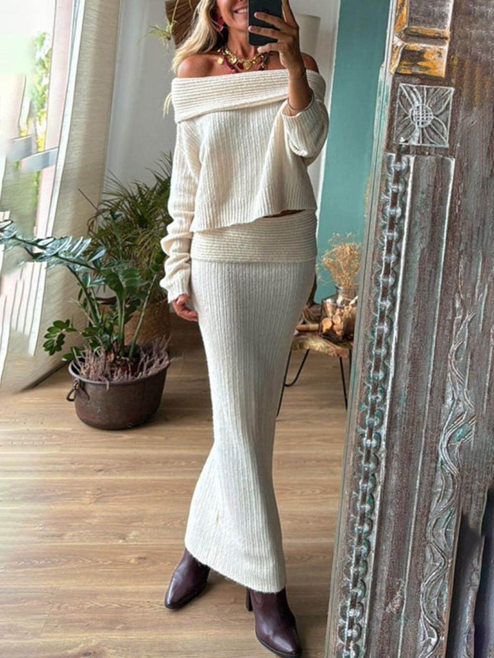Set de pulover cu mânecă lungă și fustă maxi elastică, cu umăr dezactivat