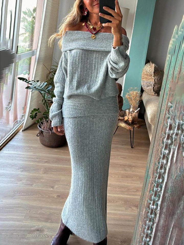 Set de pulover cu mânecă lungă și fustă maxi elastică, cu umăr dezactivat