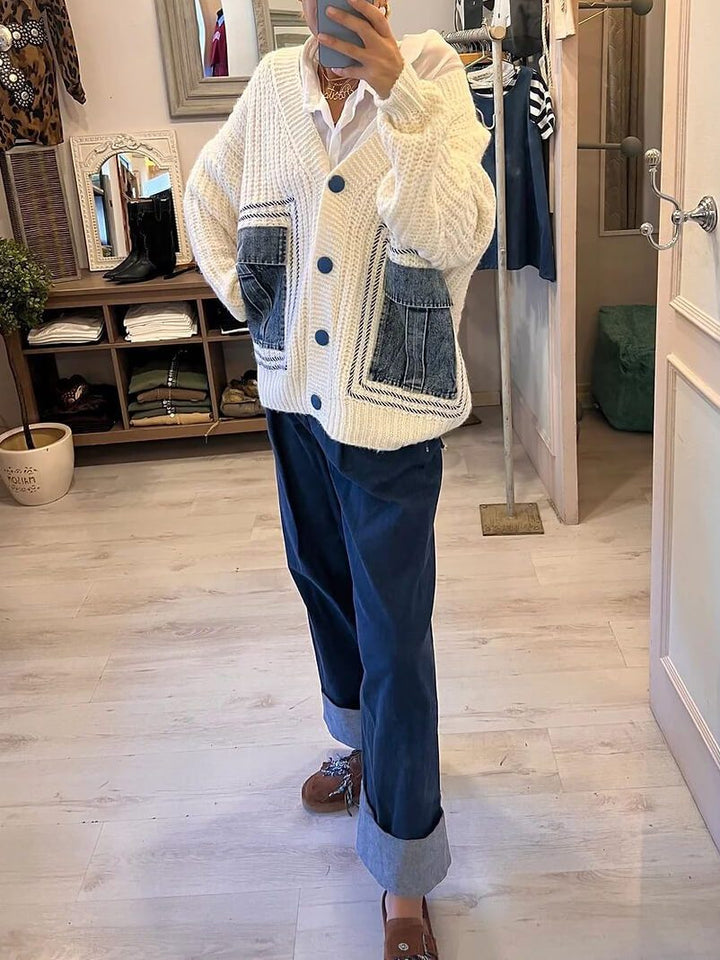 Unik denim patchwork cardigan sweaterjakke