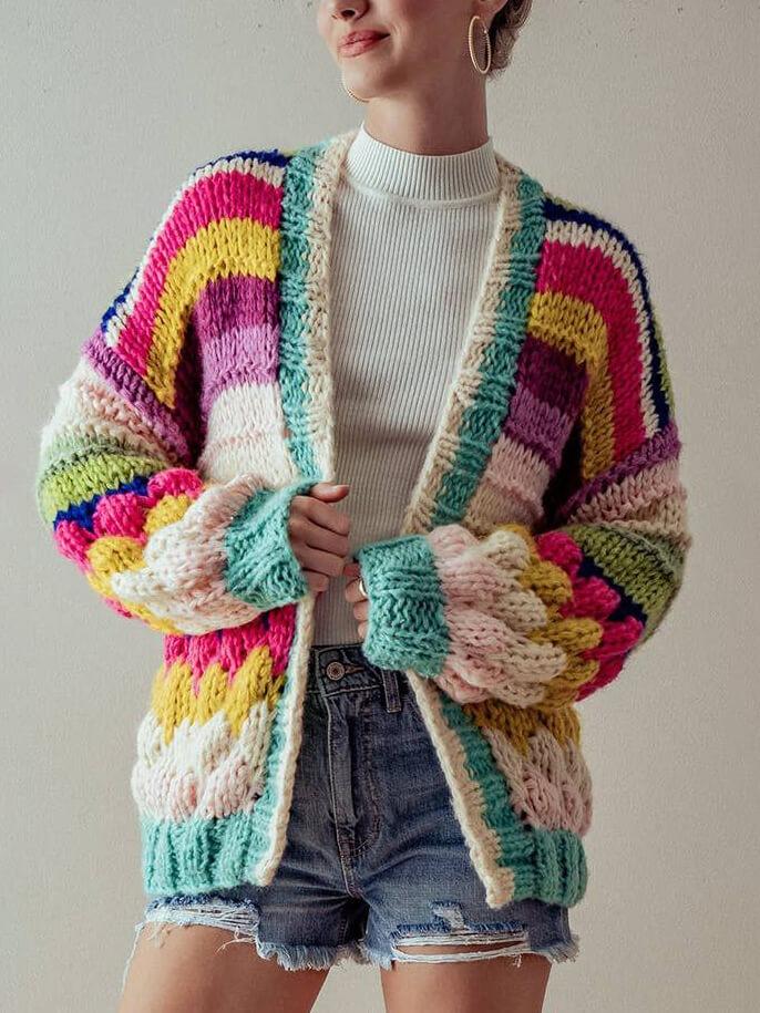 Veste cardigan en grosse maille à rayures colorées