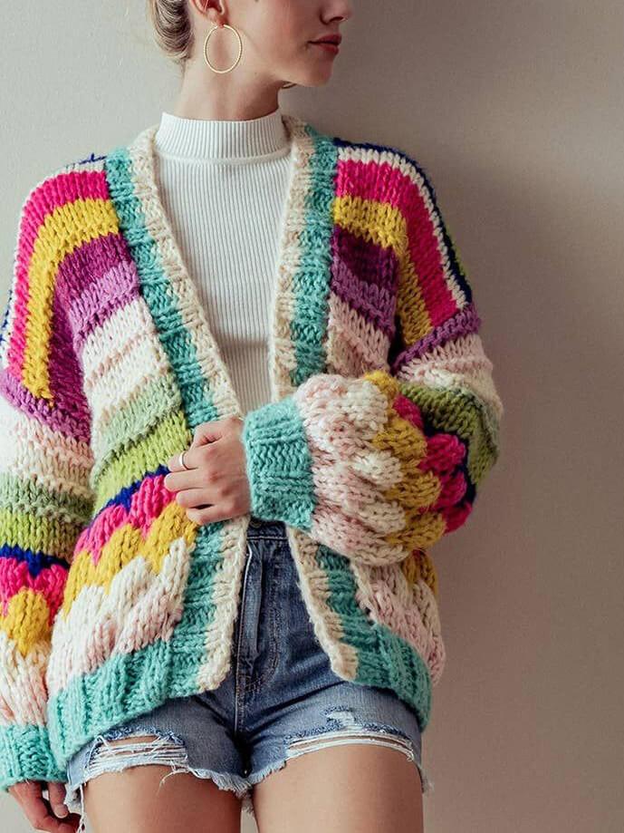 Veste cardigan en grosse maille à rayures colorées
