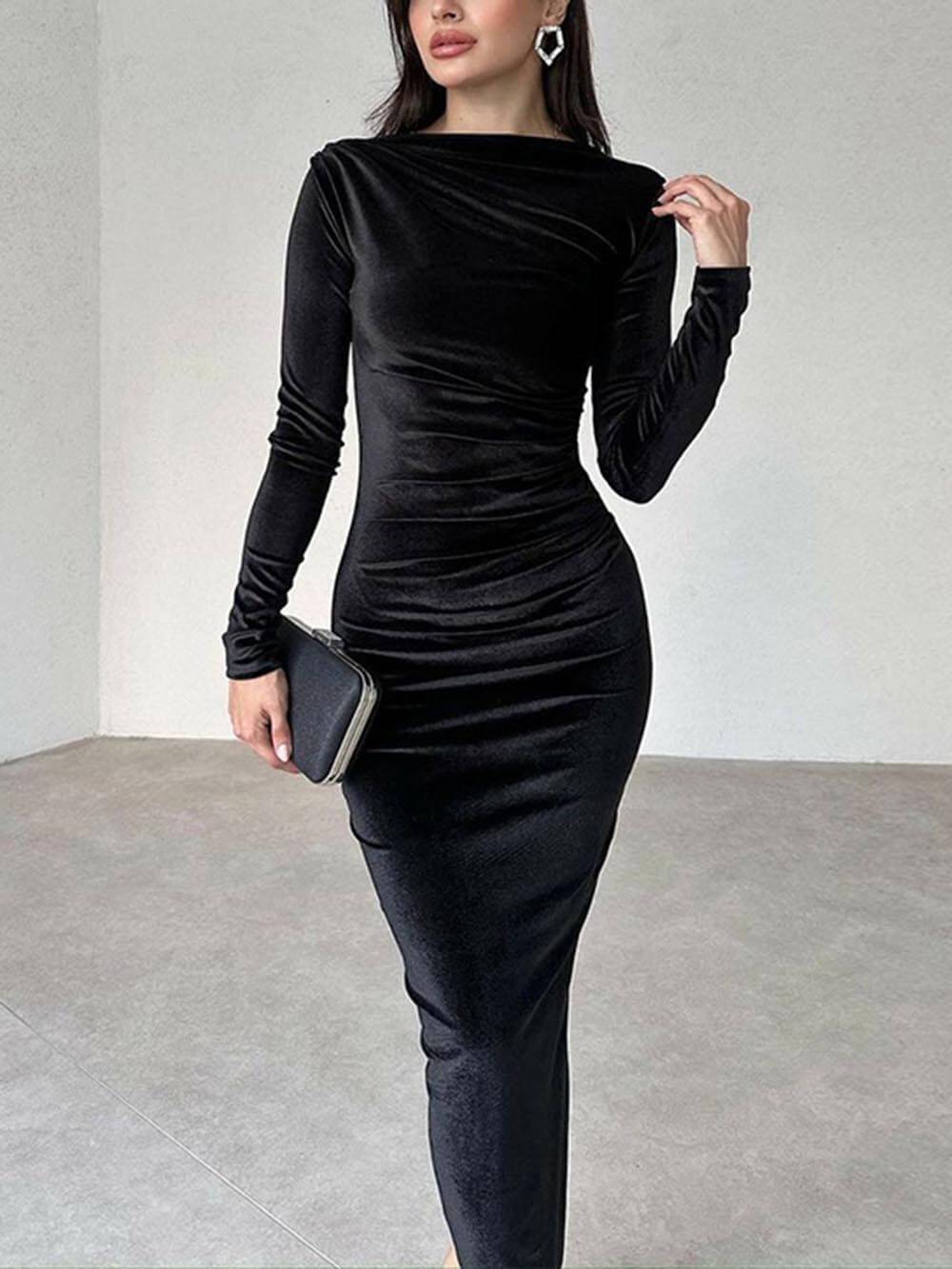 אופנה שמלת קפלים Slim Fit בצבע אחיד