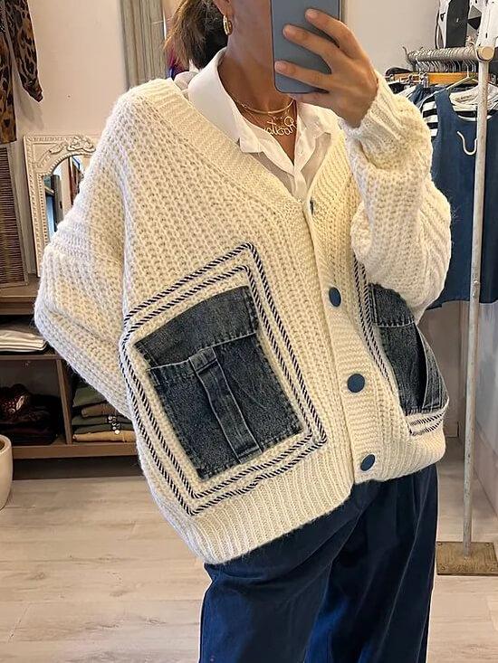 Unik denim patchwork cardigan sweaterjakke