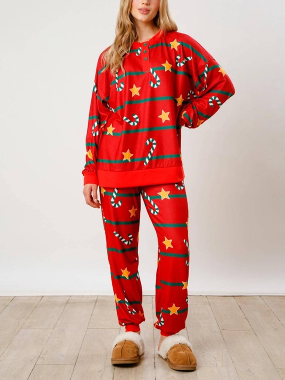 Christmas Cane Snowflake Print Button pitkähihainen kotivaatesarja
