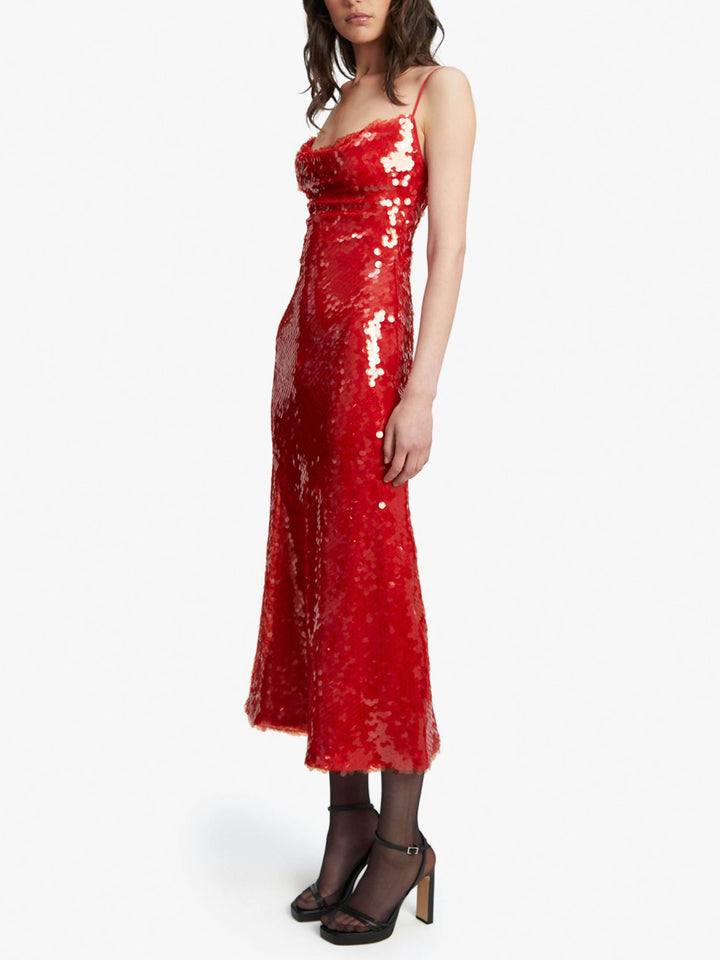 Elegante vestido midi vermelho ardente com lantejoulas