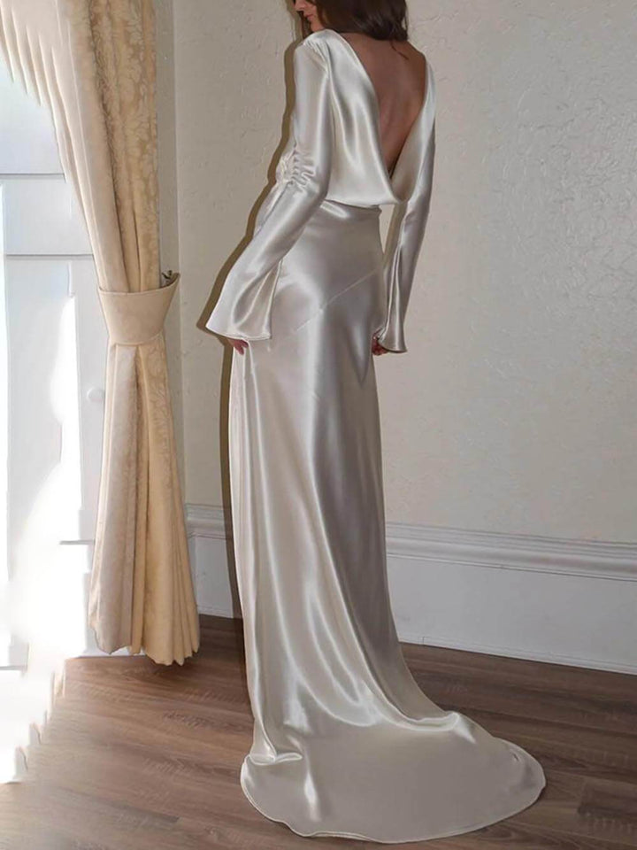 Vestido maxi elegante e requintado de cetim sem costas com decote redondo