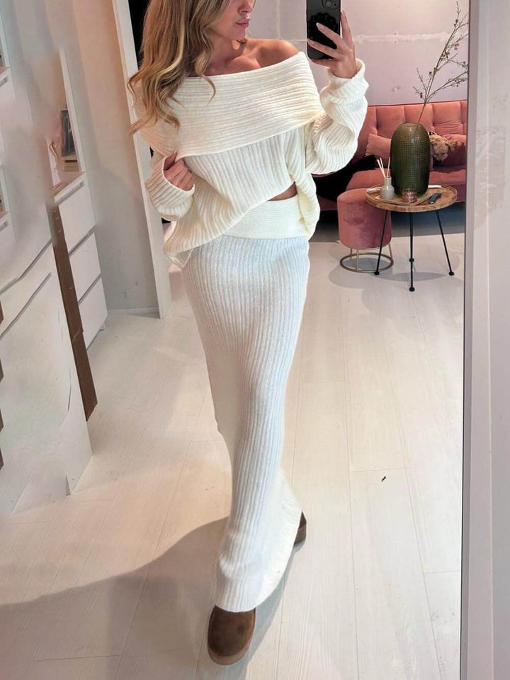 Set de pulover cu mânecă lungă și fustă maxi elastică, cu umăr dezactivat
