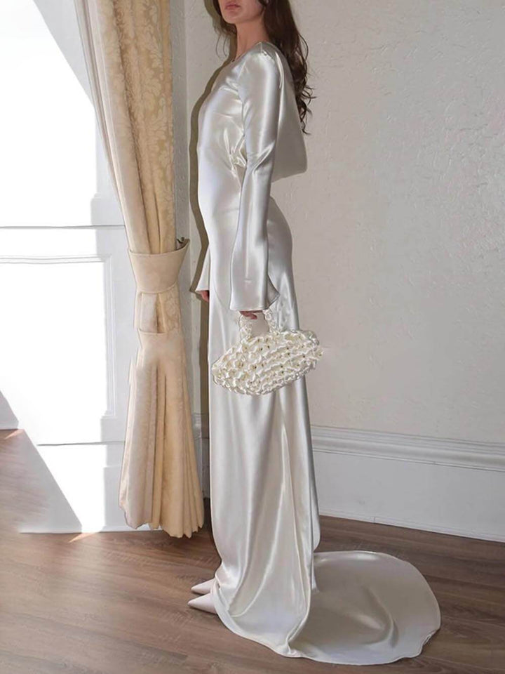 Vestido maxi elegante e requintado de cetim sem costas com decote redondo