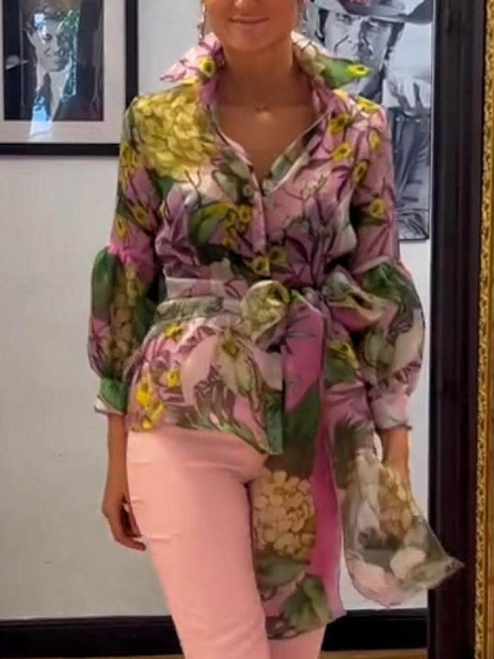 Cămașă cu mâneci lungi cu imprimeu floral elegant și matur