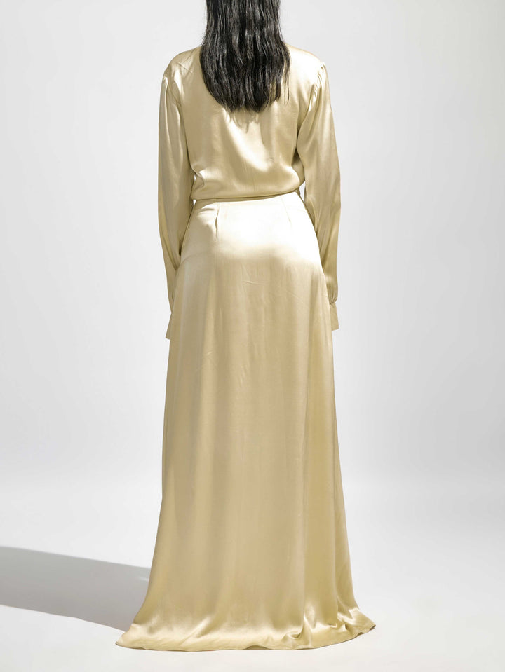 Elegant dyb V-hals satin langærmet plisseret maxikjole