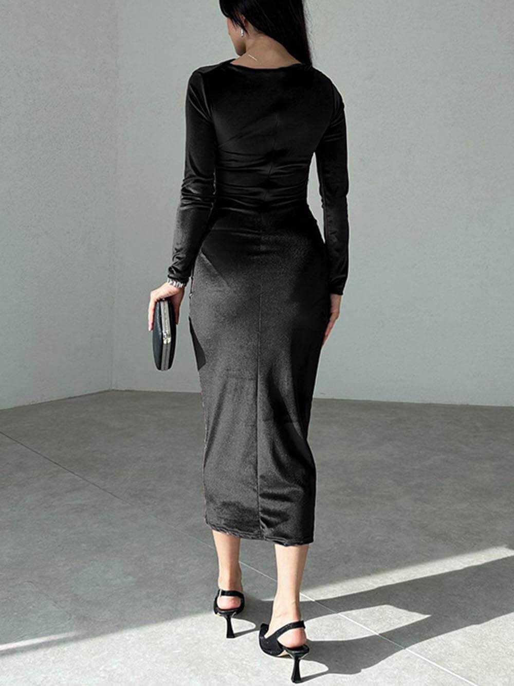 אופנה שמלת קפלים Slim Fit בצבע אחיד
