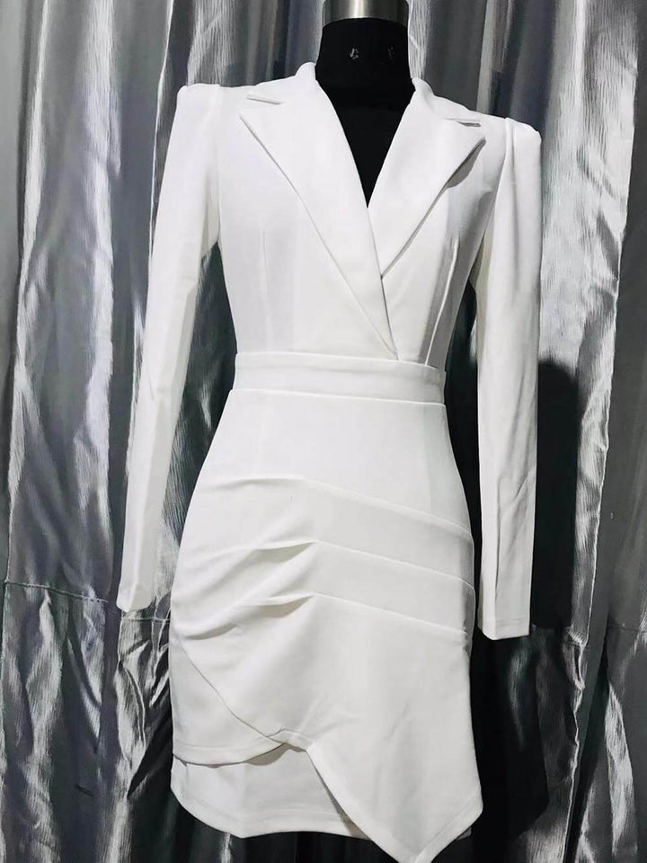 Klassisk uregelmæssig plisseret Slim-Fit Suit Collar Mini Dress (uden bælte)