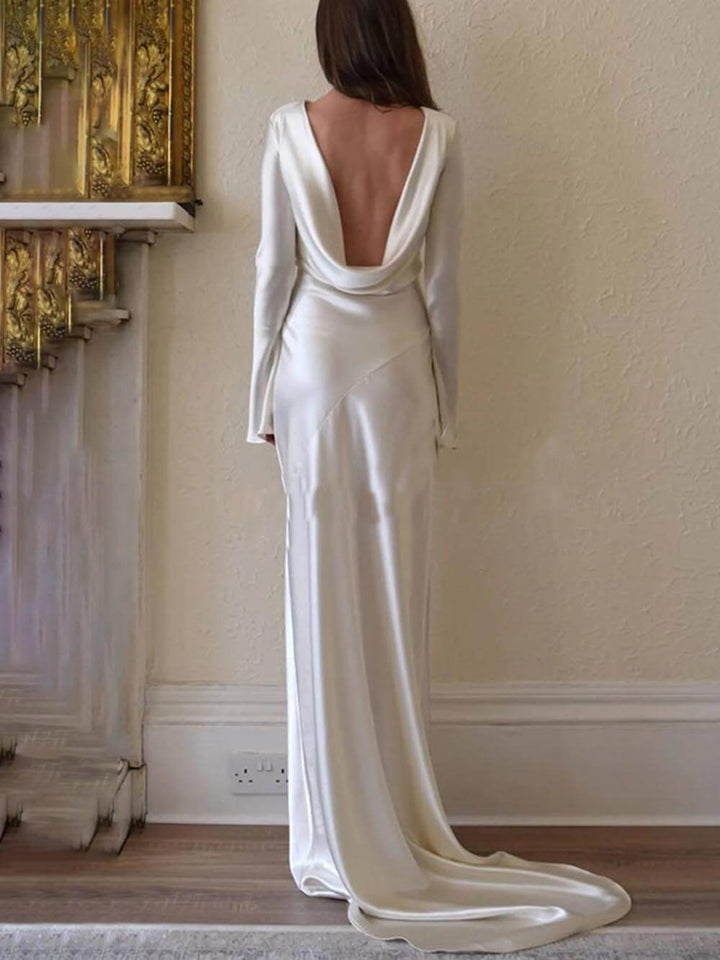 Vestido maxi elegante e requintado de cetim sem costas com decote redondo