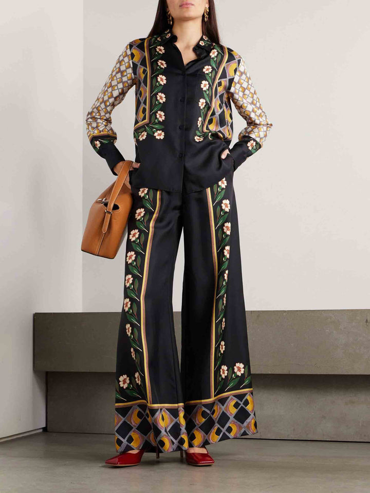 Unique Retro Print Tight Waist Wide Leg Pants