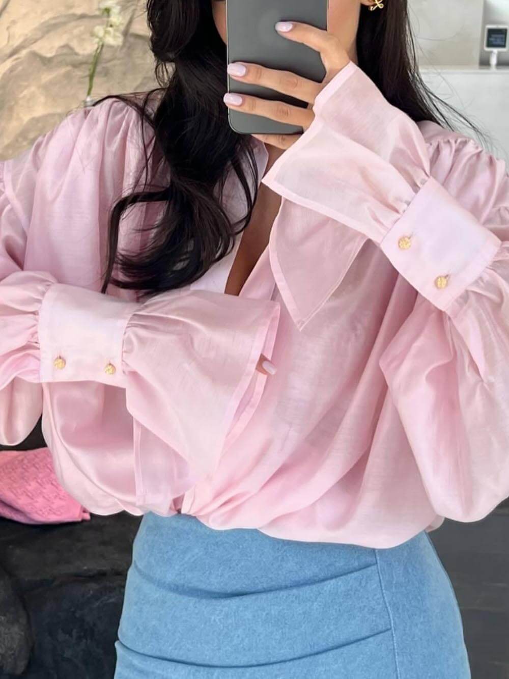 Chemise ample à manches lanternes, douce et fraîche