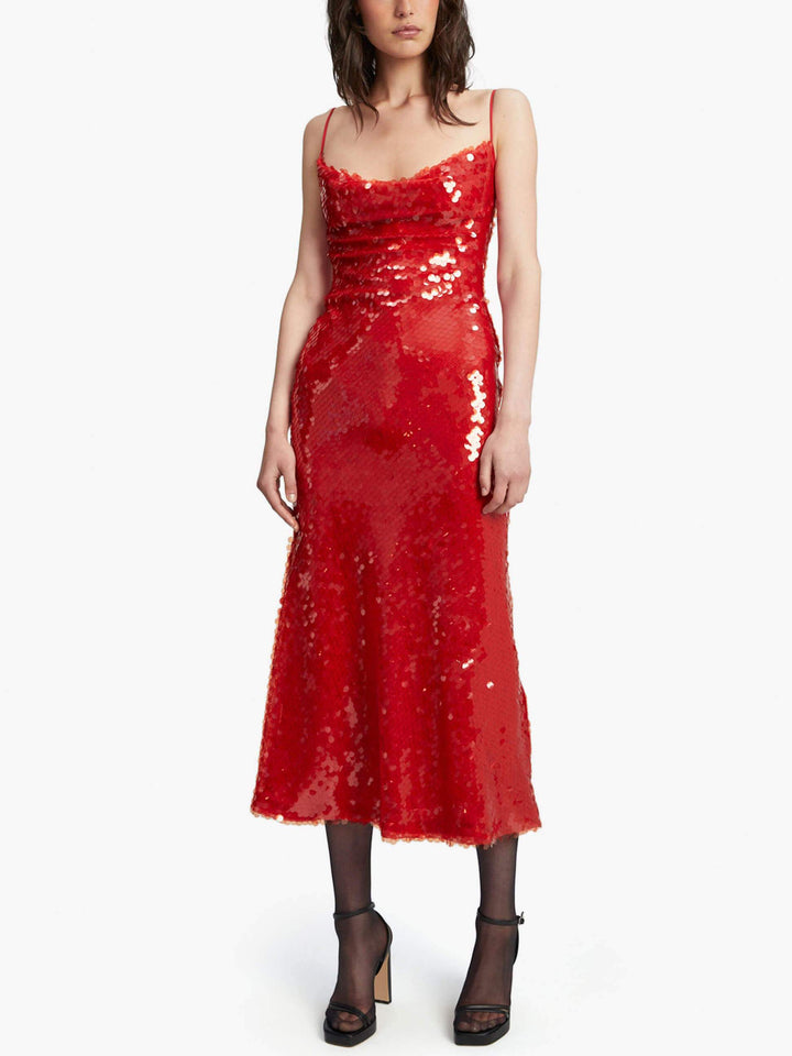 Elegante vestido midi vermelho ardente com lantejoulas
