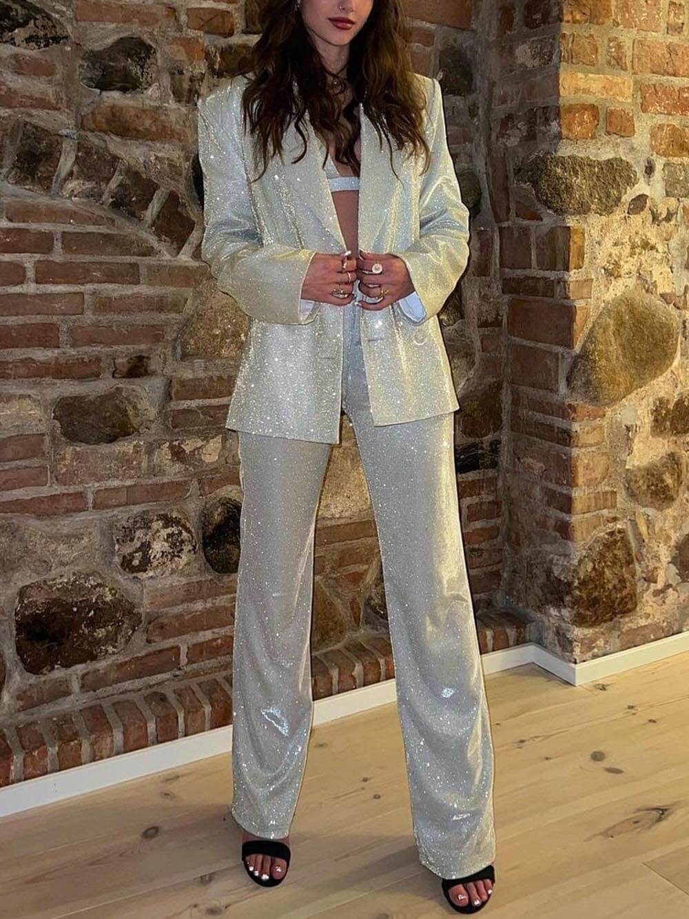 Blazer ample à manches longues à paillettes de mode classique