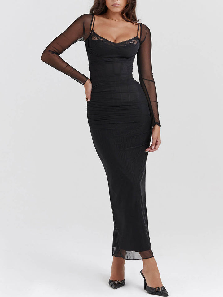 Svart Backless Bodycon Suspender Maxiklänning