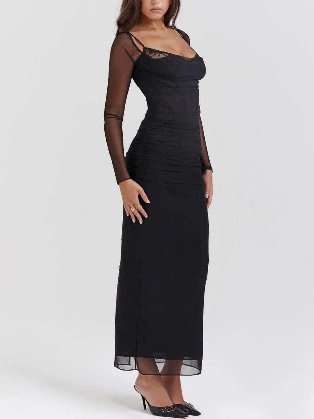 Svart Backless Bodycon Suspender Maxiklänning