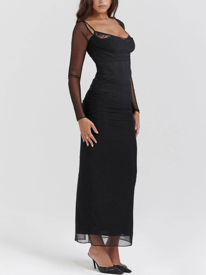 Svart Backless Bodycon Suspender Maxiklänning