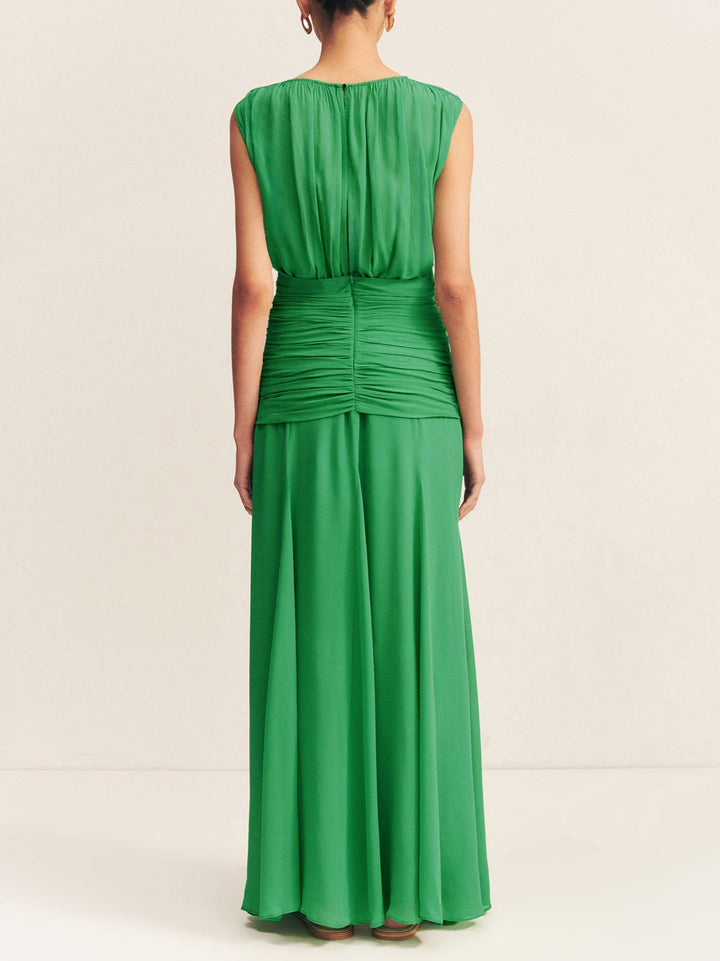 Elegant Pleated Drawstring Crew Neck Maxi Dress