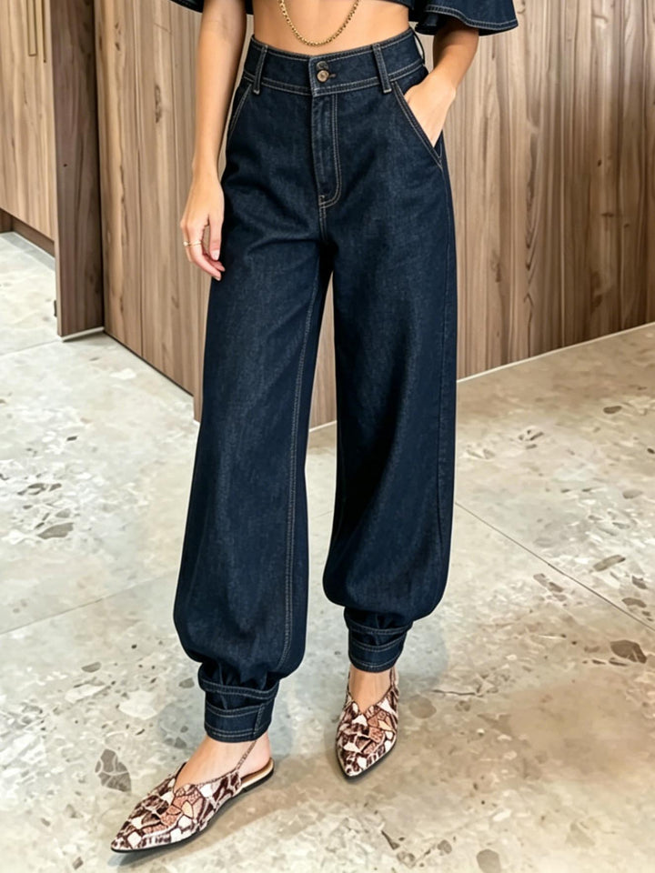 High-Waist Denim Wide-Leg Tapered Pants