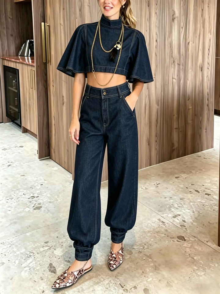 High-Waist Denim Wide-Leg Tapered Pants