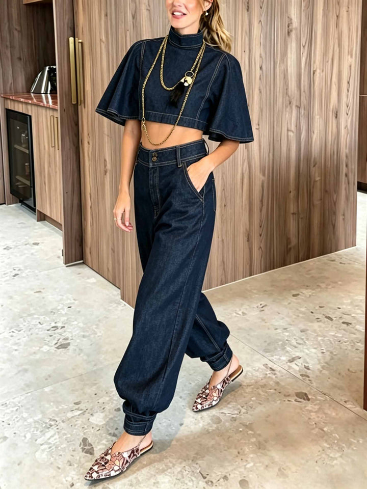 High-Waist Denim Wide-Leg Tapered Pants