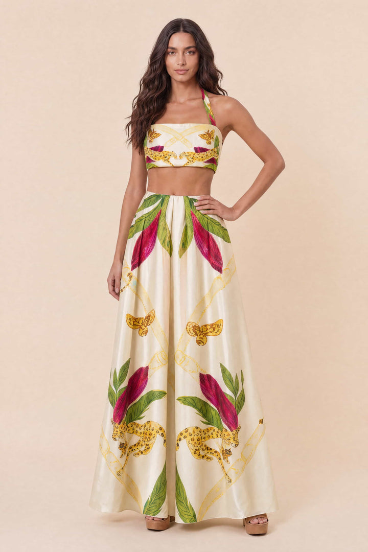 Printed Lace-Up Top And Skirt Set
