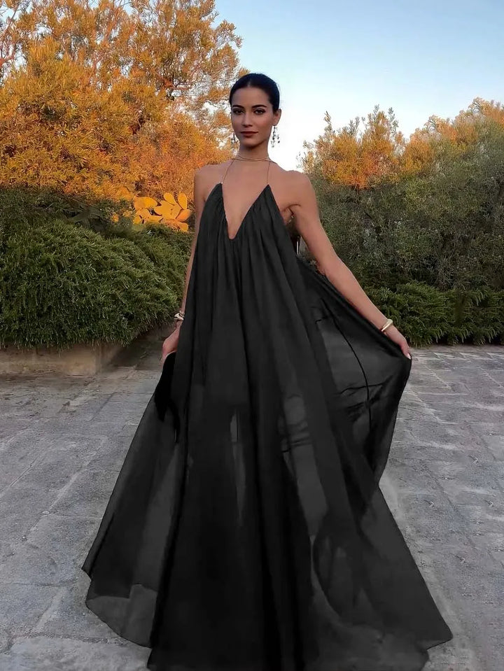 Elegant Black V-neck Chiffon Flowy Maxi Dress