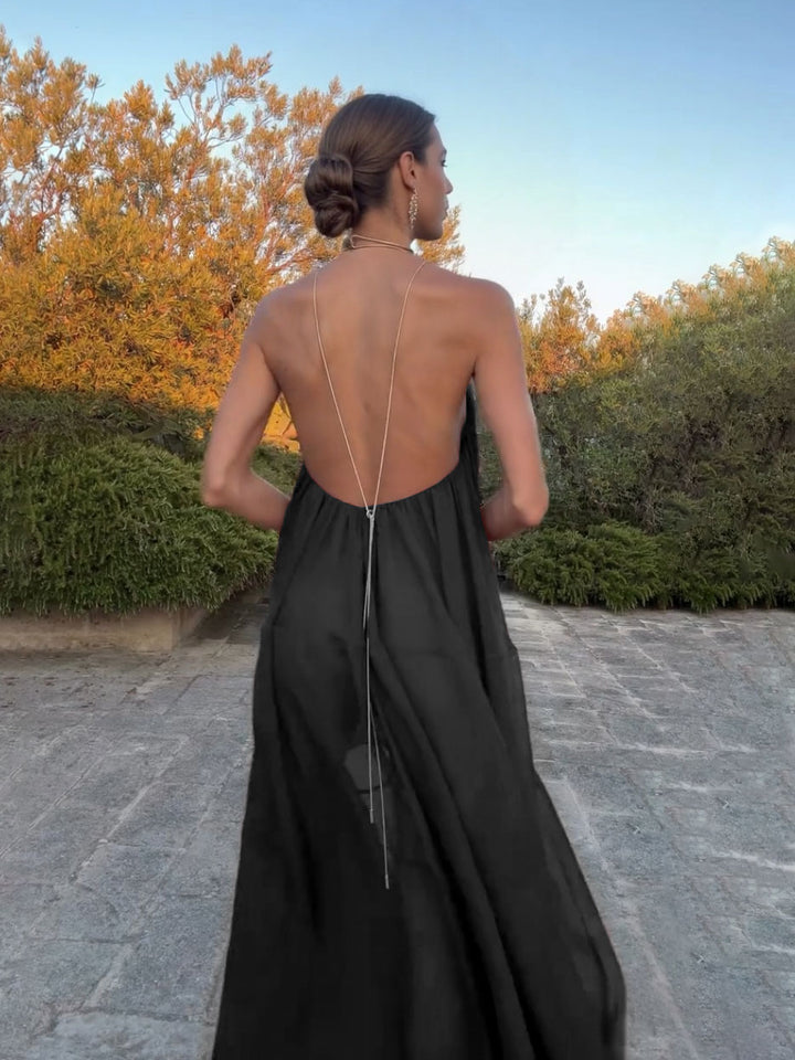 Elegant Black V-neck Chiffon Flowy Maxi Dress