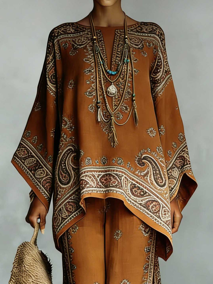 Bohemian Paisley Print Batwing Sleeve Two-Piece Set