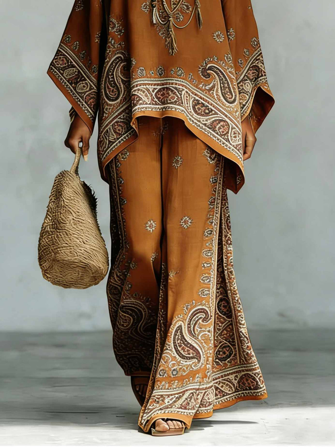 Bohemian Paisley Print Batwing Sleeve Two-Piece Set