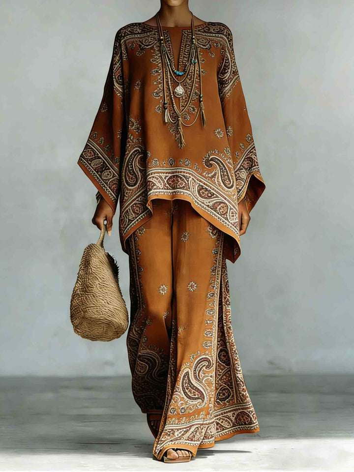 Bohemian Paisley Print Batwing Sleeve Two-Piece Set
